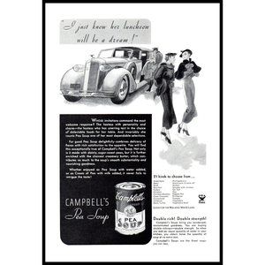 1934 Campbell's Pea Soup Vintage Print Ad Limousine Women Fur Coat Wall Art
